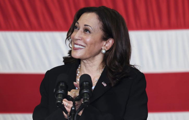 U.S. Vice President Kamala Harris speaks to troops as she visits the USS Tulsa in Singapore, Monday, Aug. 23, 2021.