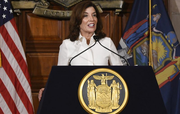 New York Gov. Kathy Hochul speaks to reporters after a ceremonial swearing-in ceremony at the state Capitol, Tuesday, Aug. 24, 2021, in Albany, New York.