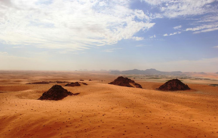 This undated photo provided by the Palaeodeserts Project in September 2021 shows the Jubbah Oasis in northern Saudi Arabia, where humans were repeatedly present during periods of increased ra