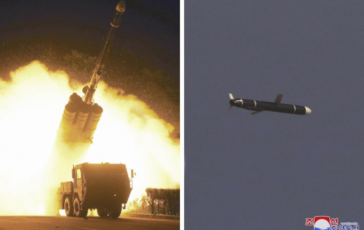 This combination of photos provided by the North Korean government on Monday, Sept. 13, 2021, shows long-range cruise missiles tests held on Sept. 11 -12, 2021 in an undisclosed location of N