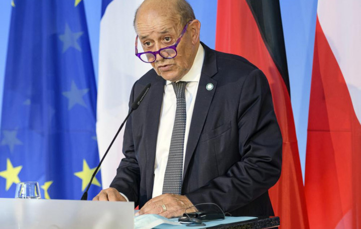 In this Friday, Sept. 10, 2021 file photo, French Foreign Minister Jean-Yves Le Drian speaks in Weimar, Germany.