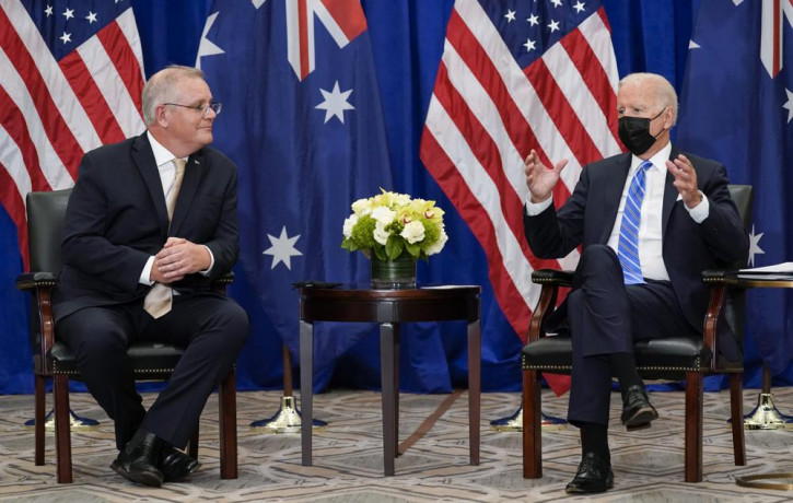 In this Sept. 21, 2021, file photo President Joe Biden meets with Australian Prime Minister Scott Morrison at the Intercontinental Barclay Hotel during the United Nations General Assembly in 