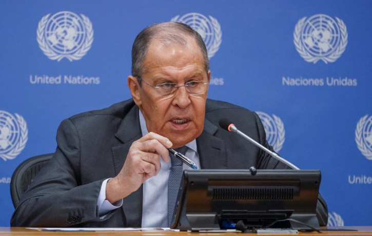 Russian Foreign Minister Sergey Lavrov speaks to reporters during a news conference during 76th session of the United Nations General Assembly, Saturday, Sept. 25, 2021 at United Nations head