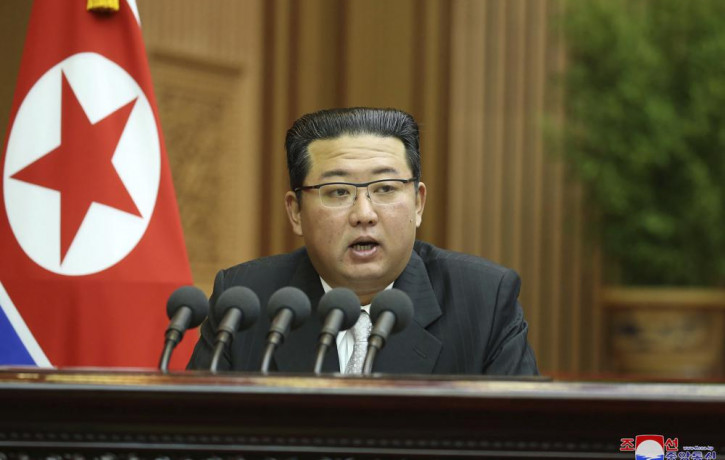 In this photo provided by the North Korean government, North Korean leader Kim Jong Un speaks during a parliament meeting in Pyongyang, North Korea Wednesday, Sept. 29, 2021.