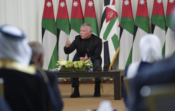Jordan's King Abdullah II speaks during a meeting with tribal leader in Al-Qasta, south of Amman, Jordan, Monday, Oct. 4, 2021.