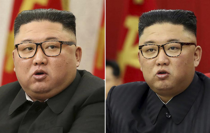 his combination of file photos provided by the North Korean government, shows North Korean leader Kim Jong Un at Workers' Party meetings in Pyongyang, North Korea, on Feb. 8, 2021, left, and 