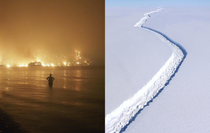 In this combination of 2021 and 2017 photos, a man watches as wildfires approach Kochyli beach on the Greek island of Evia, and a rift in the Antarctic Peninsula's Larsen C ice shelf is obser