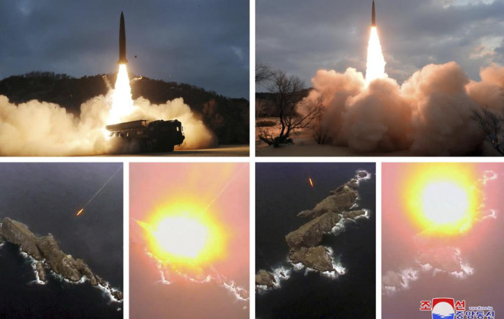 This combination photo of images provided by the North Korean government shows missile tests launched from an undisclosed coastal area in North Korea, Thursday, Jan. 27, 2022.