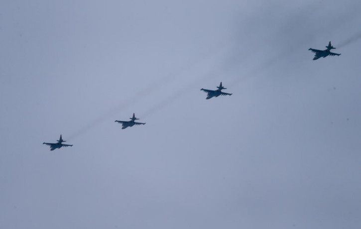 Fighter jets of the Russian and Belarusian air forces fly in a joint mission during the Union Courage-2022 Russia-Belarus military drills in Belarus, Thursday, Feb. 17, 2022.