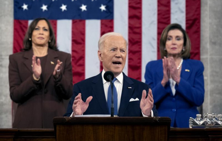 US President Joe Biden delivers his State of the Union address to a joint session of Congress at the Capitol, Tuesday, March 1, 2022, in Washington.