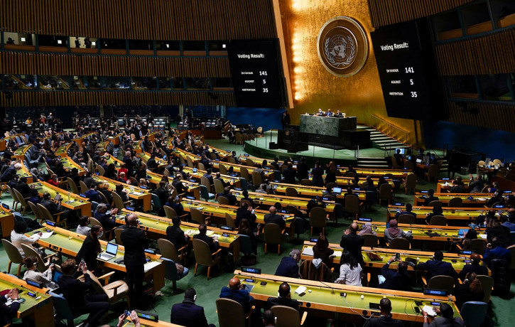 United Nations members vote on a resolution concerning the Ukraine during an emergency meeting of the General Assembly at United Nations headquarters, Wednesday, March 2, 2022.