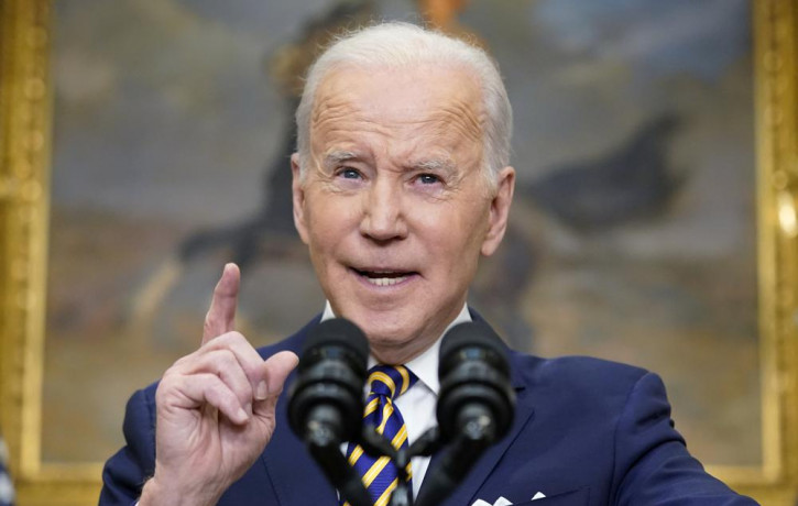 President Joe Biden announces a ban on Russian oil imports, toughening the toll on Russia's economy in retaliation for its invasion of Ukraine, Tuesday, March 8, 2022, in the Roosevelt Room a