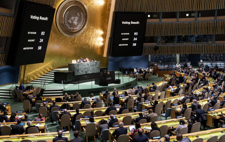 A completed resolution vote tally to affirm the suspension of the Russian Federation from the United Nations Human Rights Council is displayed during a meeting of the United Nations General A