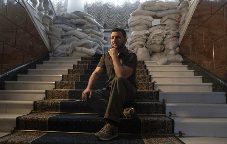 Ukrainian President Volodymyr Zelenskyy speaks during an interview with The Associated Press in his office in Kyiv, Ukraine, Saturday, April 9, 2022.