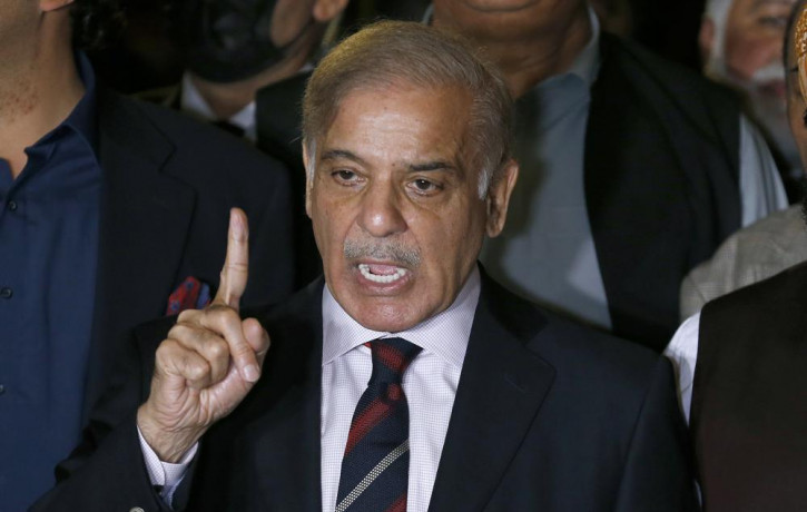 Pakistan's opposition leader Shahbaz Sharif speaks during a press conference after the Supreme Court decision, in Islamabad, Pakistan, April 7, 2022.