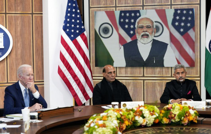 US President Joe Biden meets virtually with Indian PM Narendra Modi from Washington in presence of Indian Defense Minister Rajnath Singh (c) and External Affairs Minister S Jaishankar on Mond