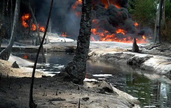Oil from a leaking pipeline burns in Goi-Bodo, a swamp area of the Niger Delta.