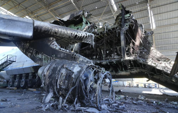 The gutted remains of an Antonov An-225, the world's biggest cargo aircraft, destroyed during recent fighting between Russian and Ukrainian forces, at the Antonov airport in Hostomel, on the 