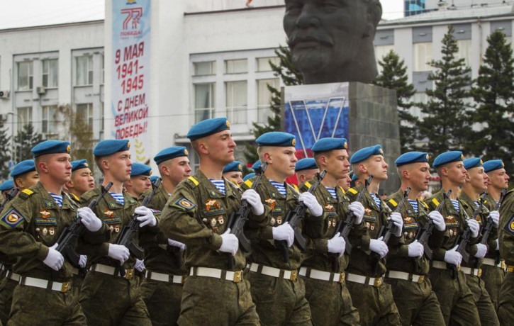 Russian servicemen march during the Victory Day military parade in Ulan-Ude, the regional capital of Buryatia, a region near the Russia-Mongolia border, Russia, Monday, May 9, 2022, marking t