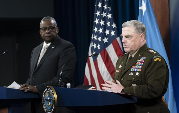 US Secretary of Defense Lloyd Austin, left, and Joint Chiefs Chairman Gen. Mark Milley, speak with reporters after a virtual meeting of the Ukraine Defense Contact Group at the Pentagon, Mond