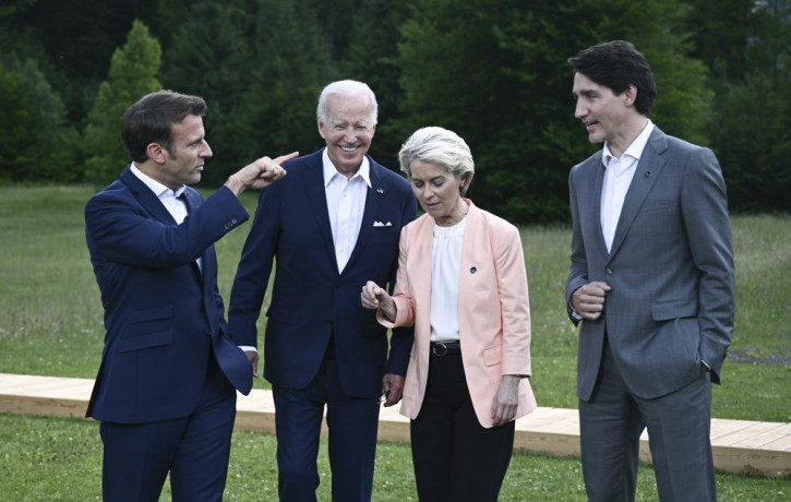 From left, President Emmanuel Macron, US President Joe Biden, European Commission President Ursula von der Leyen and Canada's Prime Minister Justin Trudeau during the G7 Summit at Castle Elma