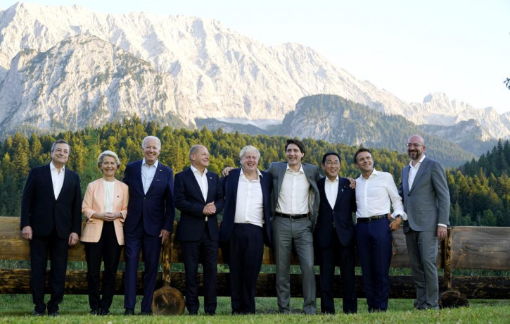 G7 leaders and European Council President Charles Michel stand for a photo at Schloss Elmau following their dinner at G7 Summit in Elmau, Germany, Sunday, June 26, 2022. AP/RSS Photo