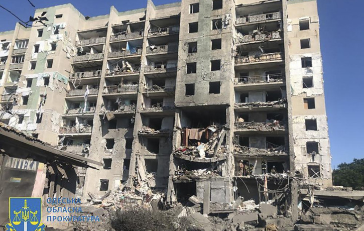 In this photo provided by the Odesa Regional Prosecutor's Office, a damaged residential building is seen in Odesa, Ukraine, early Friday, July 1, 2022, following Russian missile attacks. AP/R