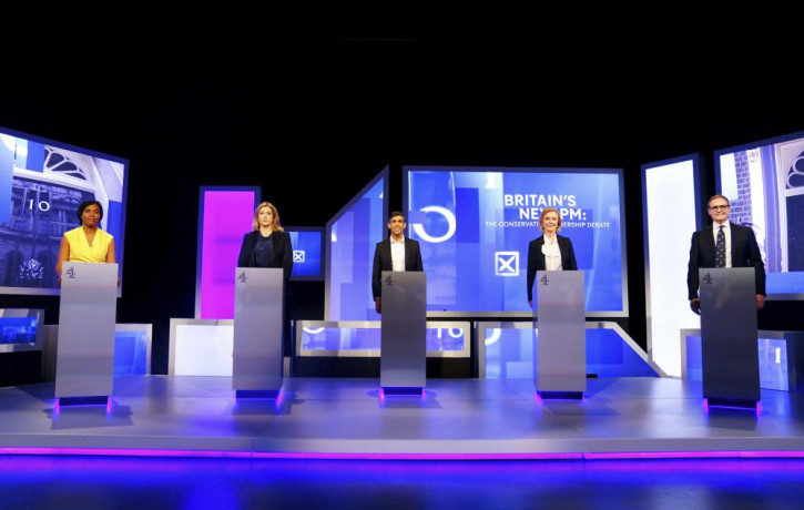 From left, Kemi Badenoch, Penny Mordaunt, Rishi Sunak, Liz Truss and Tom Tugendhat before the live television debate for the candidates for leadership of the Conservative party, hosted by Cha