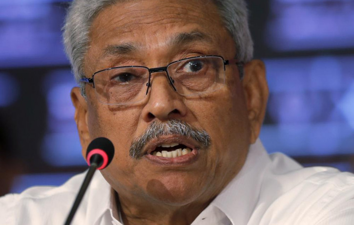 FILE - Then-Sri Lankan presidential candidate Gotabaya Rajapaksa speaks during a news conference in Colombo, Sri Lanka, Oct. 15, 2019. AP/RSS Photo