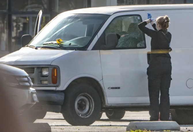A forensic photographer gets ready to take pictures of a van's window and its contents in Torrance, California, Sunday, Jan. 22, 2023. The suspected shooter was found dead in the van. AP/RSS Photo