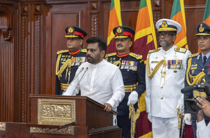 Commanders of the security forces stand behind as Sri Lanka’s new president Anura Kumara Dissanayake, addresses a gathering after he was sworn in at the Sri Lankan President’s Office in Colombo, Sri Lanka, Monday, Sept.23, 2024. (AP)