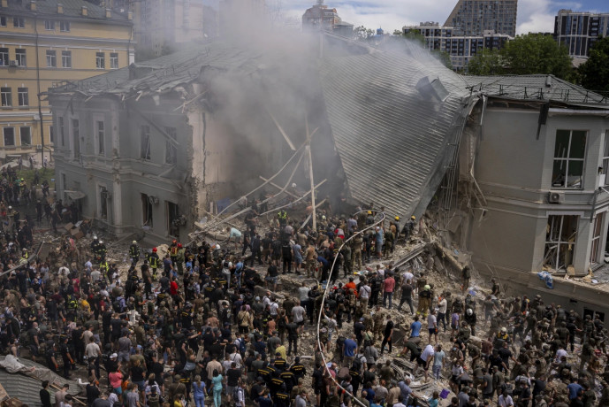 The damaged children's hospital in Kyiv.