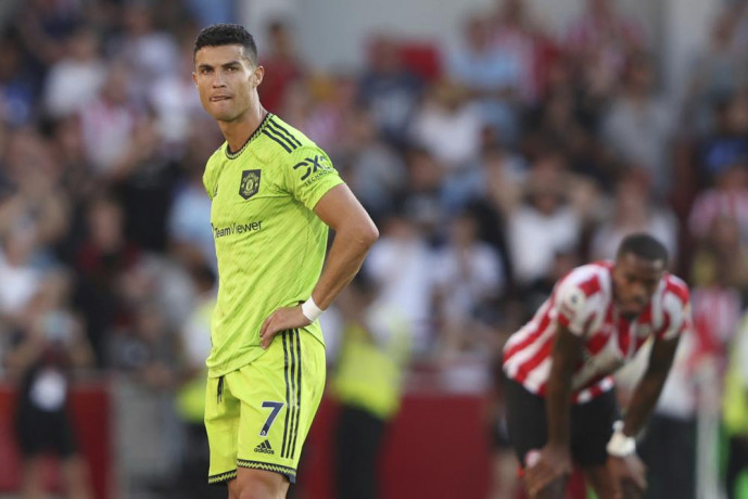 Manchester United's Cristiano Ronaldo looks round after the end of the English Premier League soccer match between Brentford and Manchester United at the Gtech Community Stadium in London, Saturday, Aug 13, 2022. Manchester United lost 0-4. (AP/RSS Photo)