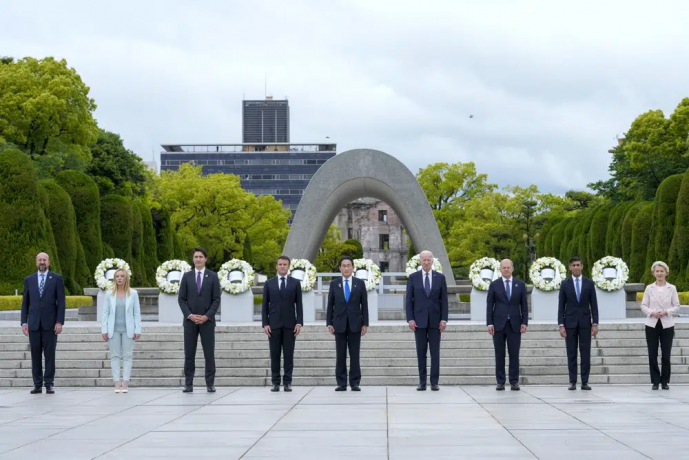 President Joe Biden, fourth right, and other G7 leaders pose for a photo during a visit to the Hiroshima Peace Memorial Park in Hiroshima, Japan, Friday, May 19, 2023, during the G7 Summit. Pictured from left: President Charles Michel of the European Council, Prime Minister Giorgia Meloni of Italy, Prime Minister Justin Trudeau of Canada, President Emmanuel Macron of France, Prime Minister Fumio Kishida of Japan, U.S. President Joe Biden, Chancellor Olaf Scholz of Germany, Prime Minister Rishi Sunak of the United Kingdom and President Ursula von der Leyen of the European Commission. AP/RSS Photo