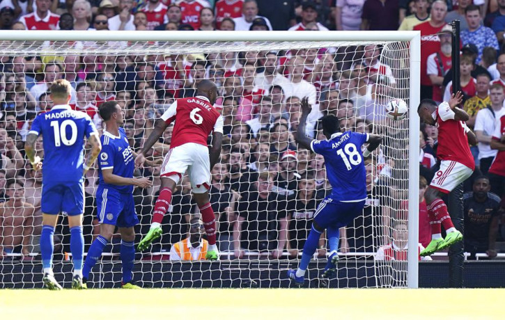 Arsenal's Gabriel Jesus, right, scores their side's second goal of the game during their English Premier League soccer match against Leicester City at the Emirates Stadium, London, Saturday, Aug 13, 2022. (AP/RSS Photo)