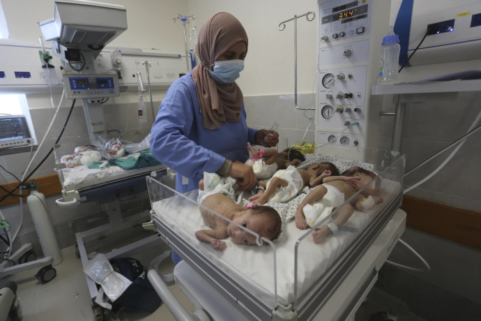 A nurse cares for prematurely born Palestinian babies that were brought from Shifa Hospital in Gaza City to the hospital in Rafah, Gaza Strip, Sunday, Nov. 19, 2023. (AP/RSS Photo)