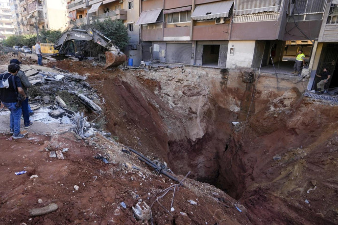 A hole in the ground near the site of the assassination of Hezbollah leader Hassan Nasrallah in Beirut’s southern suburbs, Sunday, Sept. 29, 2024. (AP Photo)