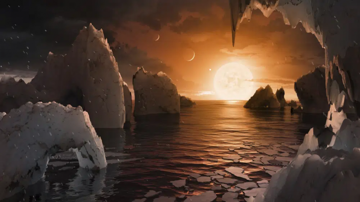 This image provided by NASA/JPL-Caltech shows an artist's conception of what the surface of the exoplanet TRAPPIST-1f may look like, based on available data about its diameter, mass and distances from the host star.  AP/RSS Photo