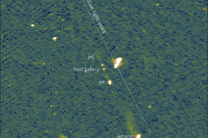 This undated image provided by Caltech, taken by Europe’s LOFAR (LOw Frequency ARray) radio telescope, shows the longest known pair of black hole jets, as reported Wednesday, Sept. 18, 2024, in the journal Nature.  AP/RSS Photo