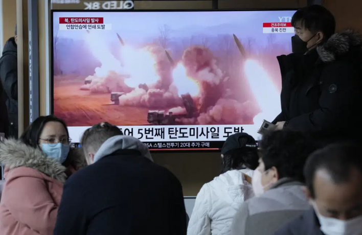 A TV screen shows a file image of North Korea's missiles launch during a news program at the Seoul Railway Station in Seoul, South Korea, Tuesday, March 14, 2023.  AP/RSS Photo
