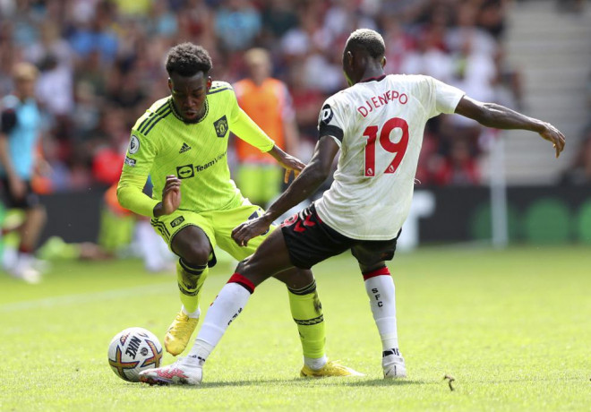 Manchester United's Anthony Elanga, left and Southampton's Moussa Djenepo battle for the ball, during the English Premier League match between Southampton and Manchester United, at St Mary's Stadium, Southampton, England, Saturday. AP/RSS Photo