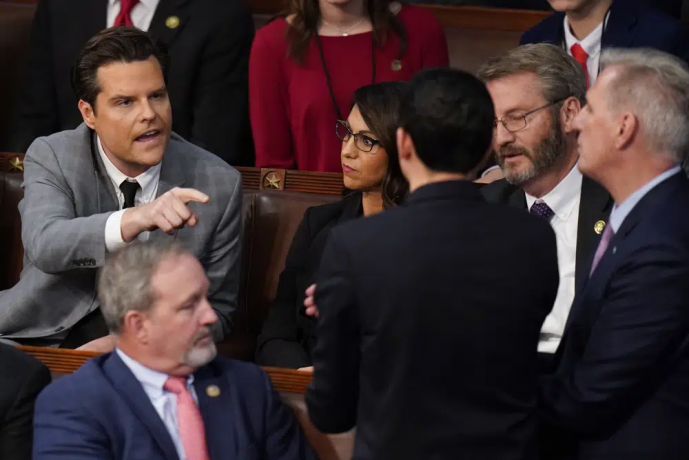 Rep. Matt Gaetz, R-Fla., talks to Rep. Kevin McCarthy, R-Calif., after Gaetz voted "present" in the House chamber as the House meets for the fourth day to elect a speaker and convene the 118th Congress in Washington, Friday, Jan. 6, 2023. AP/RSS Photo