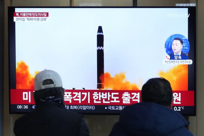 A TV screen shows a file image of North Korea's missile launch during a news program at the Seoul Railway Station in Seoul, South Korea, Monday, Feb. 20, 2023. AP/RSS Photo