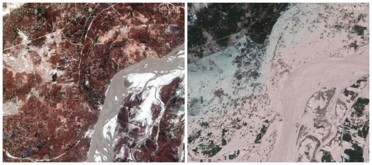 This combination of March 24 and Aug. 28, 2022 photos provided by Maxar Technologies shows the Indus River in the aftermath of flooding in Rajanpur, Pakistan. AP/RSS Photo