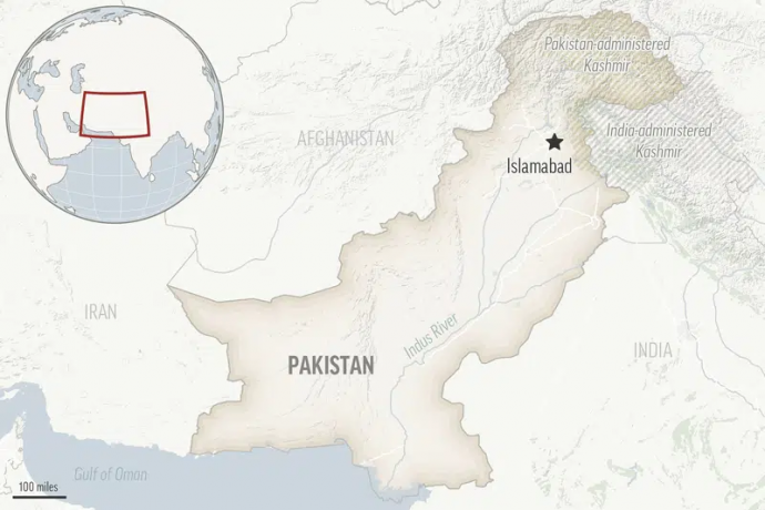 This is a locator map for Pakistan with its capital, Islamabad, and the Kashmir region.  AP/RSS Photo