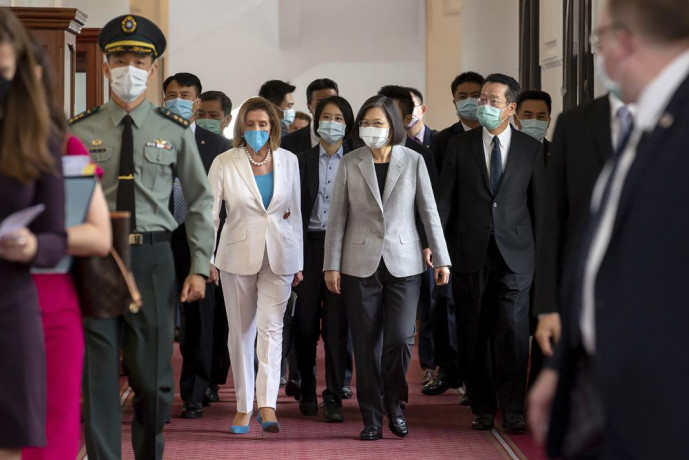 In this photo released by the Taiwan Presidential Office, U.S. House Speaker Nancy Pelosi, center left, and Taiwanese President President Tsai Ing-wen arrive for a meeting in Taipei, Taiwan, Wednesday, Aug. 3, 2022.  AP/RSS Photo