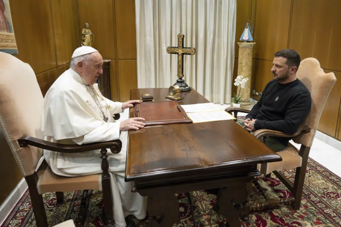 This image made available by Vatican News shows Pope Francis meeting Ukrainian President Volodymyr Zelenskyy during a private audience at The Vatican, Saturday, May 13, 2023. AP/RSS Photo