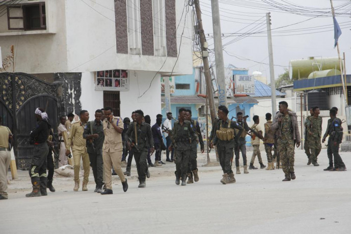 Soldiers patrol outside the Hayat Hotel in Mogadishu, Somalia, Saturday Aug, 20, 2022. AP/RSS Photo