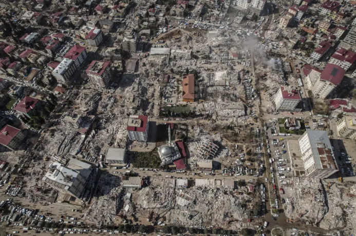 Aerial photo showing the destruction in Kahramanmaras city center, southern Turkey, Thursday, Feb. 9, 2023.  AP/RSS Photo