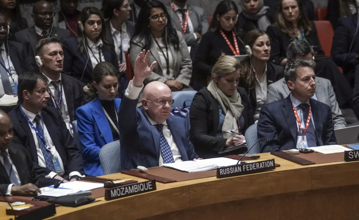 Russia’s United Nations Ambassador Vasily Nebenzya raises his hand as he votes against a new U.S. resolution over the conflict between Israel and Palestinians, which was vetoed in the U.N. Security Council, Wednesday, Oct. 25, 2023 at U.N. headquarters. (AP/RSS Photo)